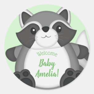 Racoon Baby Shower Green Classic Round Sticker