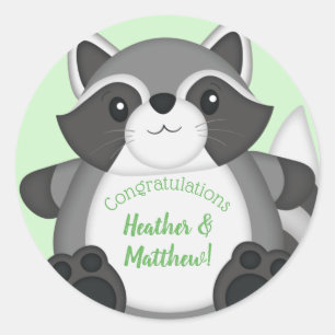 Racoon Baby Shower Green Classic Round Sticker