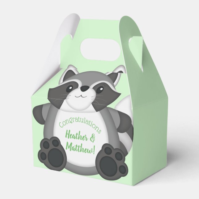 Racoon Baby Shower Green Favour Box (Front Side)
