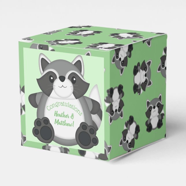 Racoon Baby Shower Green Favour Box (Front Side)