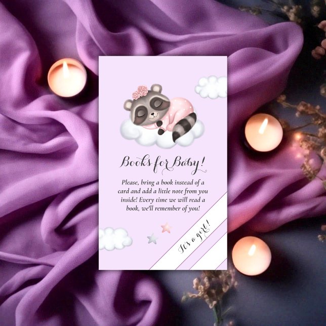 Racoon Baby Shower Lavender Books For Baby Enclosure Card (Raccoon Animal Girl Baby Shower Books For Baby Enclosure Card)