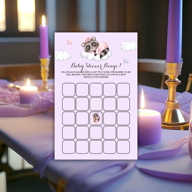 Racoon Baby Shower Lavender Game Bingo (Gentle Raccoon Animal Girl Baby Shower Game Bingo)