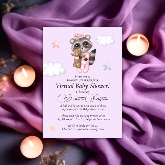 Racoon Baby Shower Lavender Virtual Invitation (Gentle Raccoon Animal Girl Baby Shower Virtual Invitation)