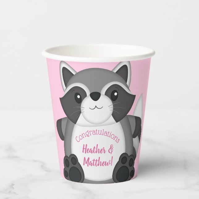 Racoon Baby Shower Pink Paper Cups (Front)