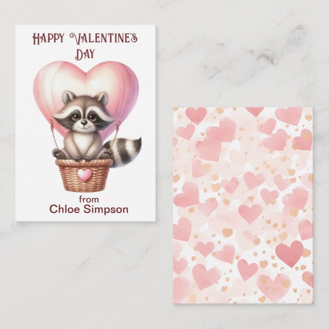 Racoon Balloon Kid's Valentine Classroom Party Card (Front/Back)