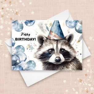Racoon Balloons and Party Hat Wildlife Birthday Card