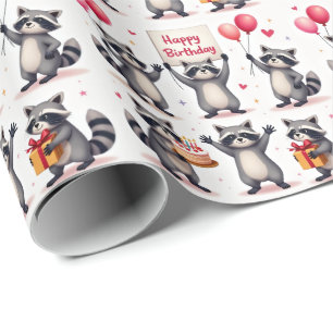 Racoon Birthday Celebration Scene - Birthday Wrapping Paper
