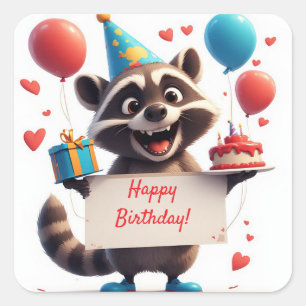 Racoon Birthday Gift With Heart Balloons ❤️ Square Sticker