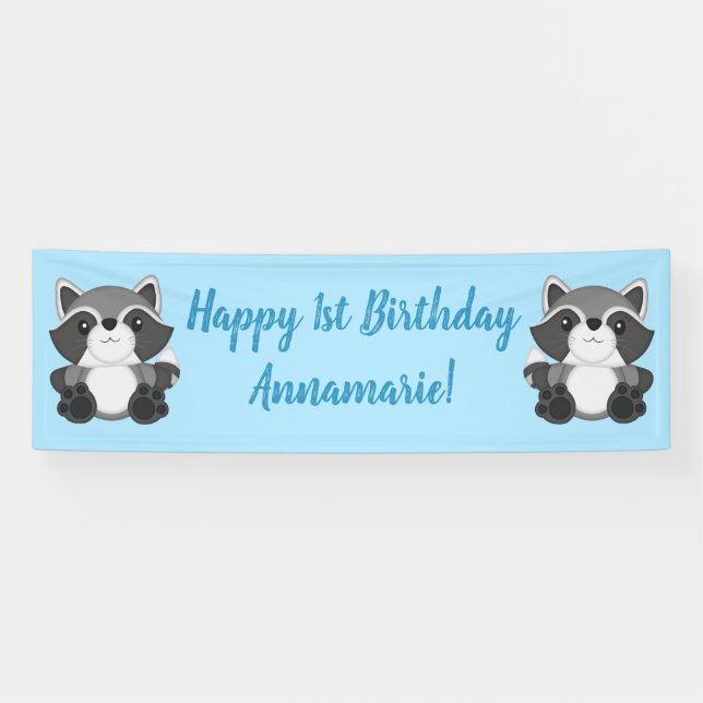 Racoon Birthday Party Blue Banner (Horizontal)