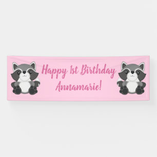 Racoon Birthday Party Pink Banner