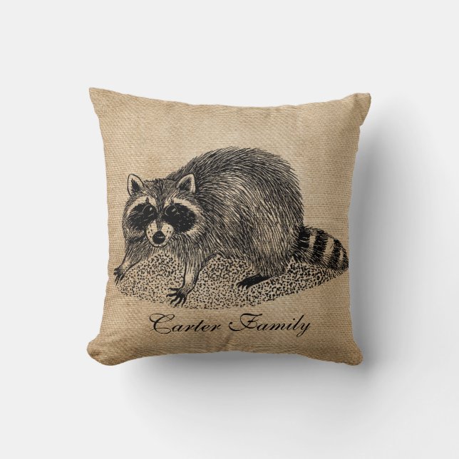 Racoon Burlap Personalised Cushion (Front)