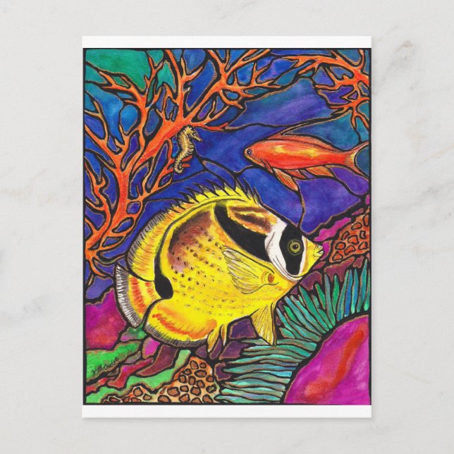 Racoon Butterflyfish and Seahorse Art Postcard (Front)