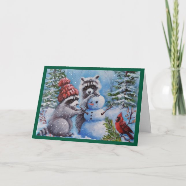 Racoon, Cardinal, Snowman Blank Greeting Card (Front)