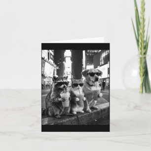Racoon Cat Dog Drinking Iced Coffee Funny Animal Card