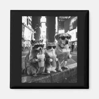 Racoon Cat Dog Drinking Iced Coffee Funny Animal Magnet
