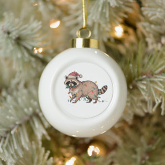Racoon Christmas Lights Santa Hat Trash Panda Ceramic Ball Christmas Ornament