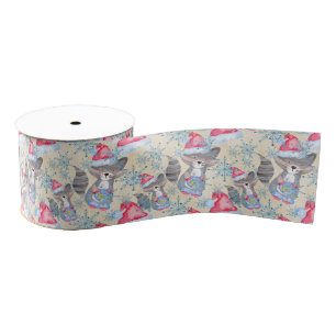 Racoon Christmas Pattern Grosgrain Ribbon