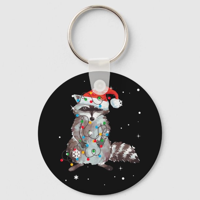 Racoon Christmas Tree Lights Pajama Racoon Lover Key Ring (Front)