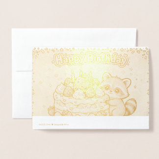 racoon cuddling a giant strawberry birthday card