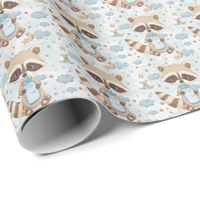 Racoon Cute Baby Pastel Watercolor Pattern  Wrapping Paper (Roll Corner)