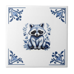 Racoon Delft Blue White Corners Woodland Animals Tile