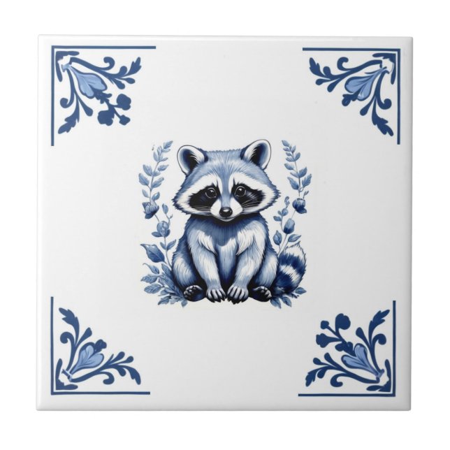 Racoon Delft Blue White Corners Woodland Animals Tile (Front)