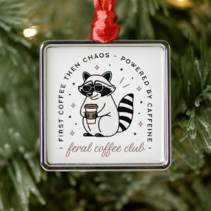 Racoon drinking coffee funny kitsch aesthetic metal tree decoration