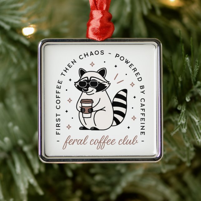 Racoon drinking coffee funny kitsch aesthetic metal tree decoration (Tree)