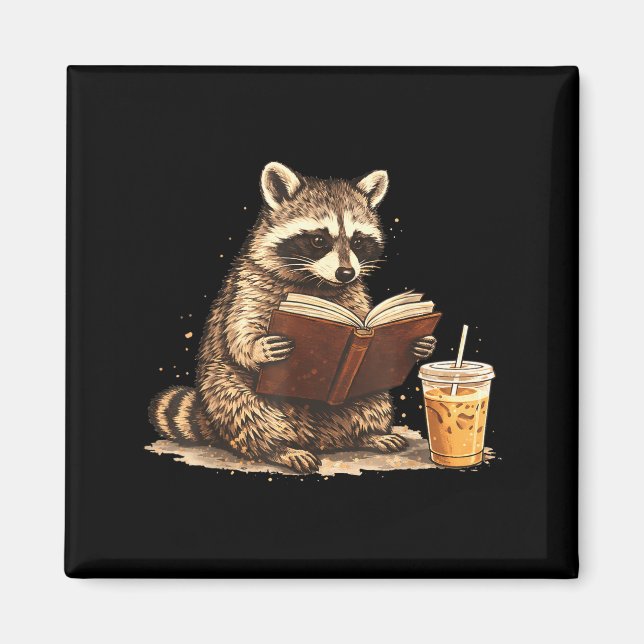 Racoon drinking iced coffee &amp; reading book magnet (Front)
