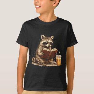 Racoon drinking iced coffee & reading book T-Shirt