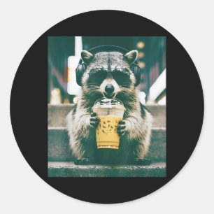 Racoon Drinking Iced Coffee Animal Meme Graphic Classic Round Sticker