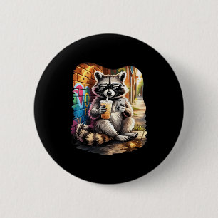 Racoon drinking iced coffee funny animal meme men 6 cm round badge