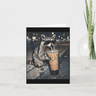 Racoon Drinking Iced Coffee Funny Animal Meme Men Card