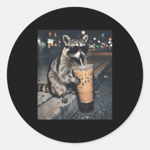 Racoon drinking iced coffee funny animal meme men classic round sticker