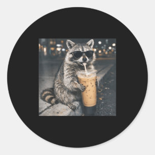 Racoon drinking iced coffee funny animal meme men classic round sticker
