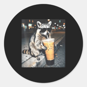 Racoon drinking iced coffee funny animal meme men classic round sticker