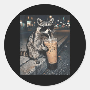 Racoon Drinking Iced Coffee Funny Animal Meme Men Classic Round Sticker