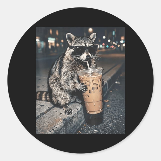 Racoon Drinking Iced Coffee Funny Animal Meme Men Classic Round Sticker (Front)