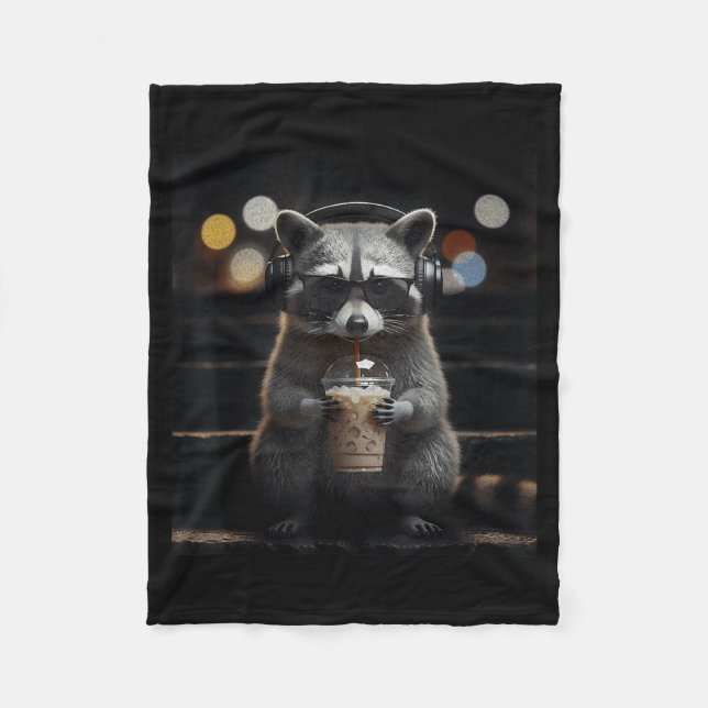 Racoon drinking iced coffee funny animal meme men fleece blanket (Front)