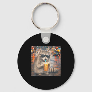 Racoon drinking iced coffee funny animal meme men key ring