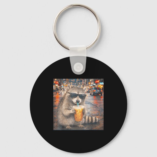 Racoon drinking iced coffee funny animal meme men key ring (Front)