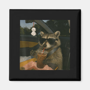 Racoon drinking iced coffee funny animal meme men magnet
