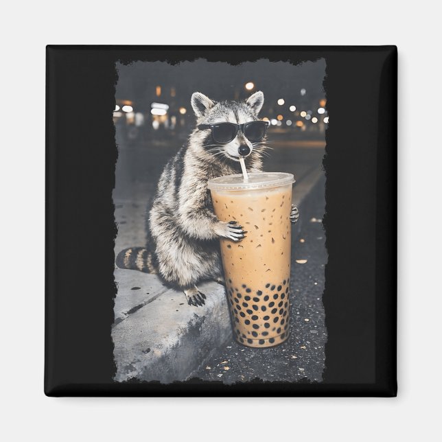 Racoon drinking iced coffee funny animal meme men magnet (Front)