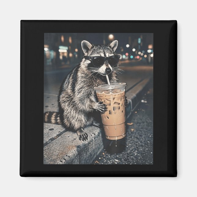 Racoon Drinking Iced Coffee Funny Animal Meme Men Magnet (Front)