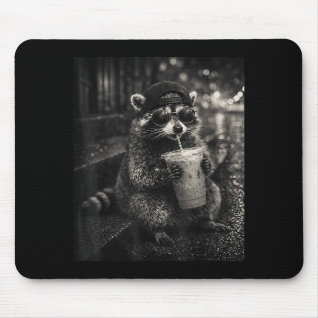 Racoon drinking iced coffee funny animal meme men mouse pad (Front)