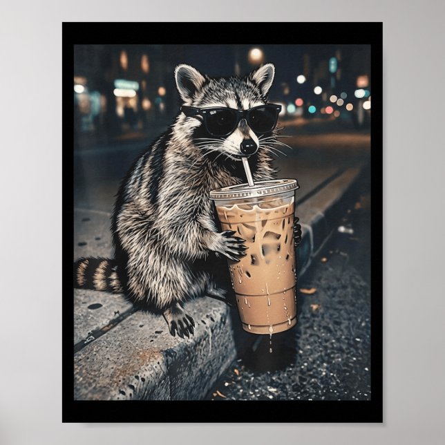 Racoon Drinking Iced Coffee Funny Animal Meme Men Poster (Front)