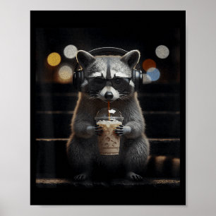 Racoon drinking iced coffee funny animal meme men poster