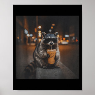Racoon drinking iced coffee funny animal meme men poster