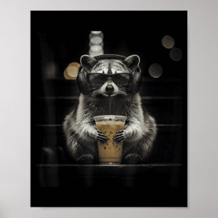 Racoon drinking iced coffee funny animal meme men poster