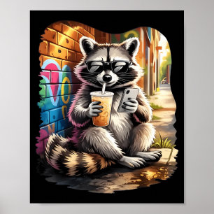 Racoon drinking iced coffee funny animal meme men poster